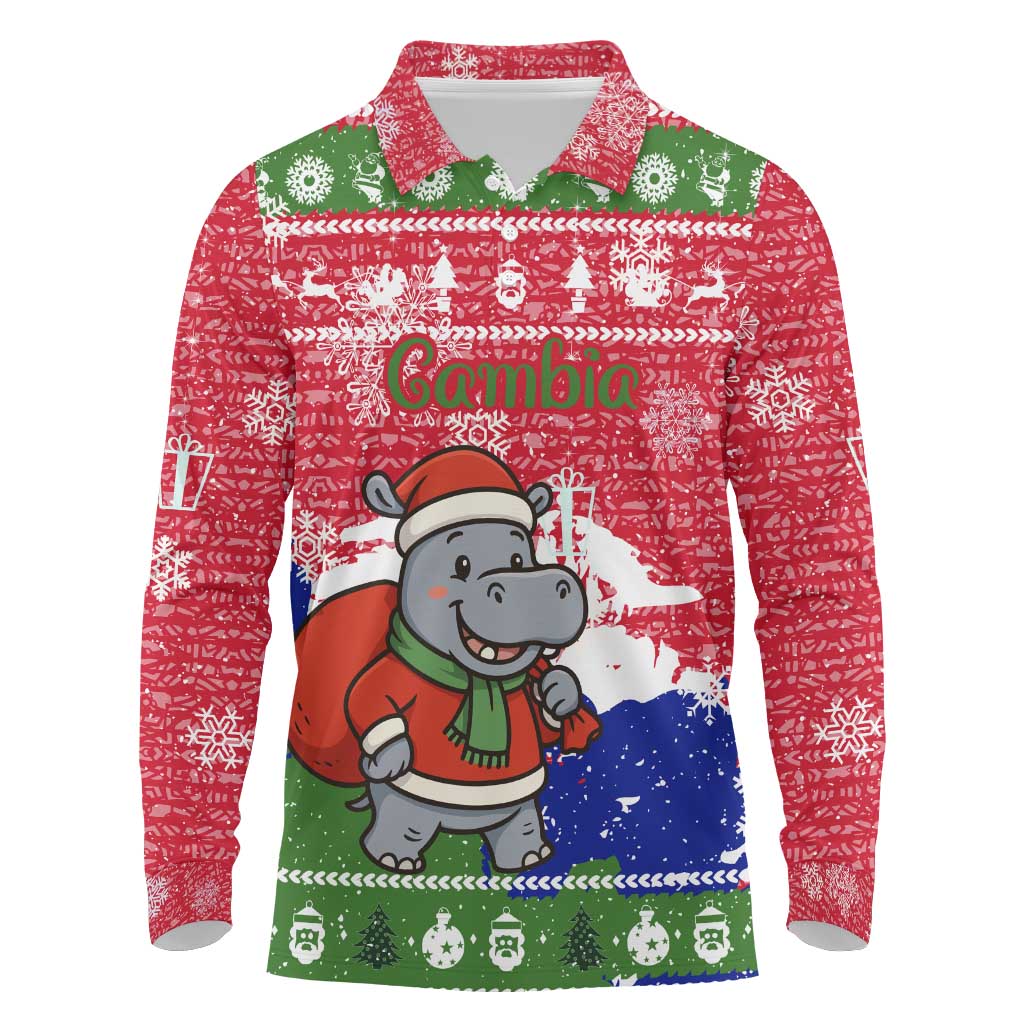 Gambia Christmas Long Sleeve Polo Shirt with Santa Hippo National Coat of Arms Snowflakes and Festive Holiday - Wonder Print Shop