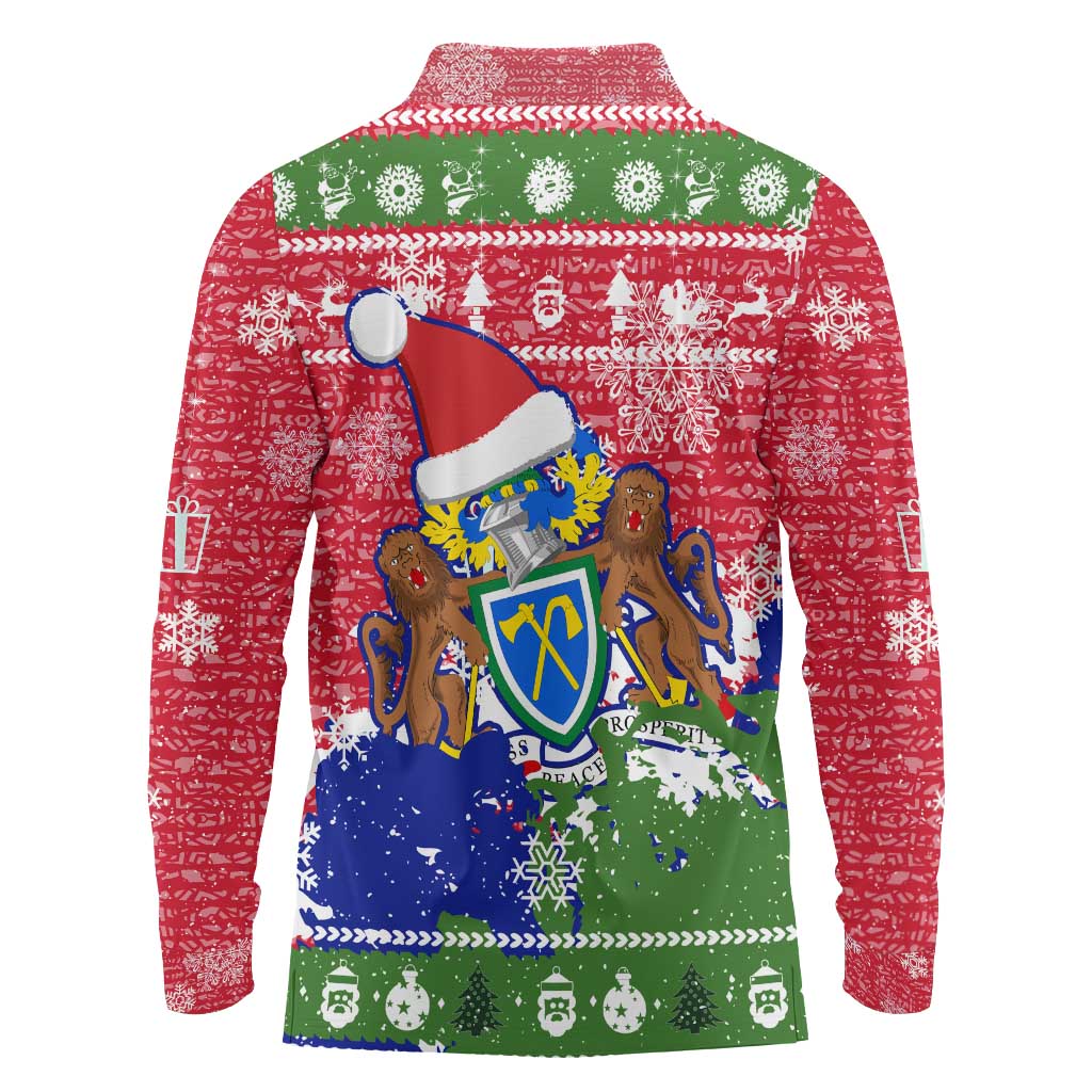 Gambia Christmas Long Sleeve Polo Shirt with Santa Hippo National Coat of Arms Snowflakes and Festive Holiday - Wonder Print Shop