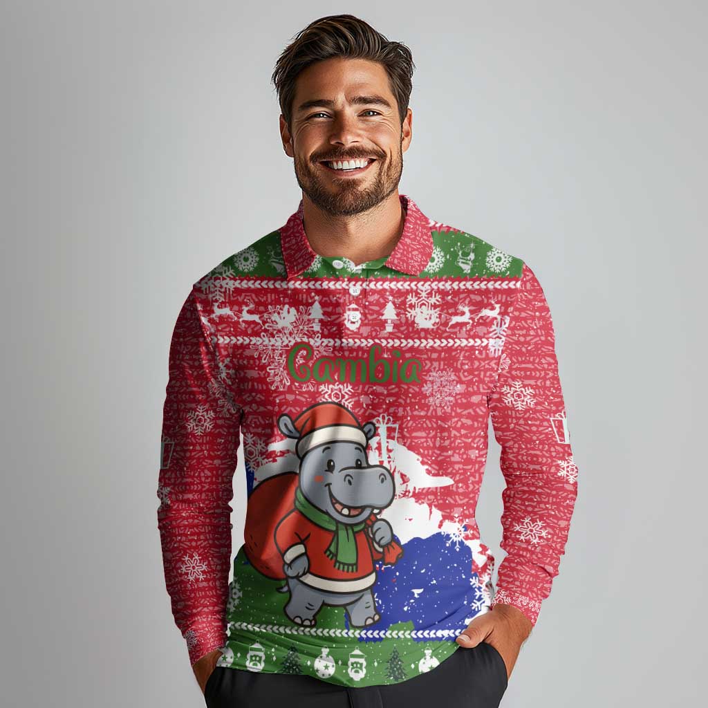 Gambia Christmas Long Sleeve Polo Shirt with Santa Hippo National Coat of Arms Snowflakes and Festive Holiday - Wonder Print Shop