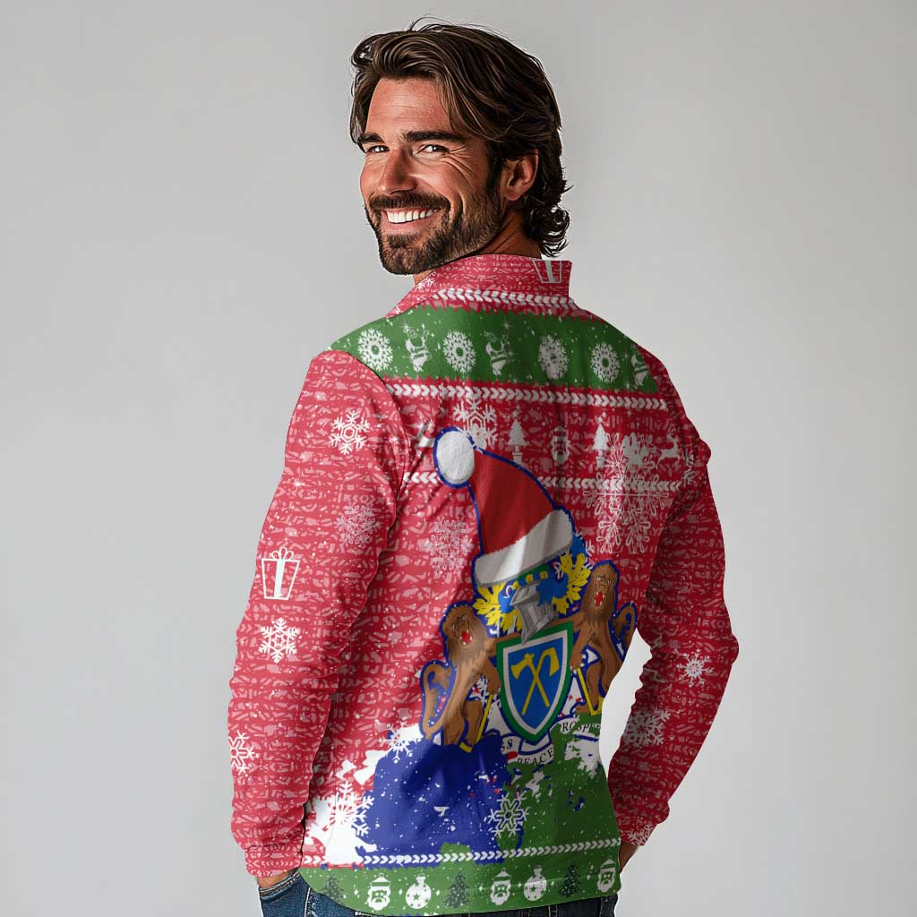 Gambia Christmas Long Sleeve Polo Shirt with Santa Hippo National Coat of Arms Snowflakes and Festive Holiday - Wonder Print Shop