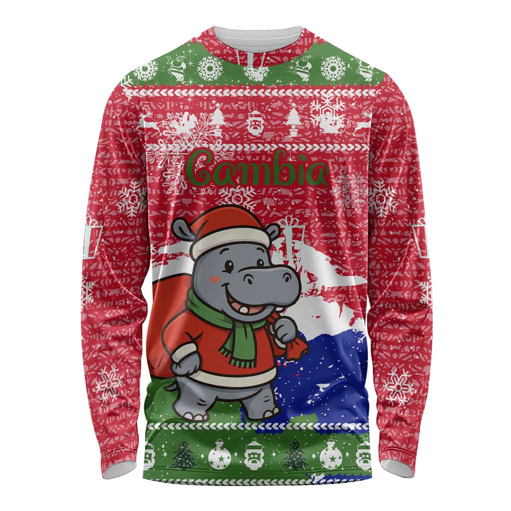 Gambia Christmas Long Sleeve Shirt with Santa Hippo National Coat of Arms Snowflakes and Festive Holiday - Wonder Print Shop