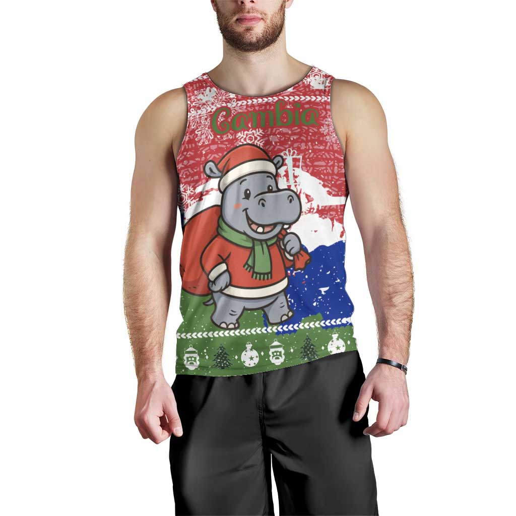 Gambia Christmas Men Tank Top with Santa Hippo National Coat of Arms Snowflakes and Festive Holiday - Wonder Print Shop