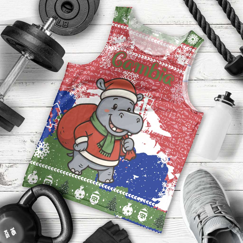 Gambia Christmas Men Tank Top with Santa Hippo National Coat of Arms Snowflakes and Festive Holiday - Wonder Print Shop
