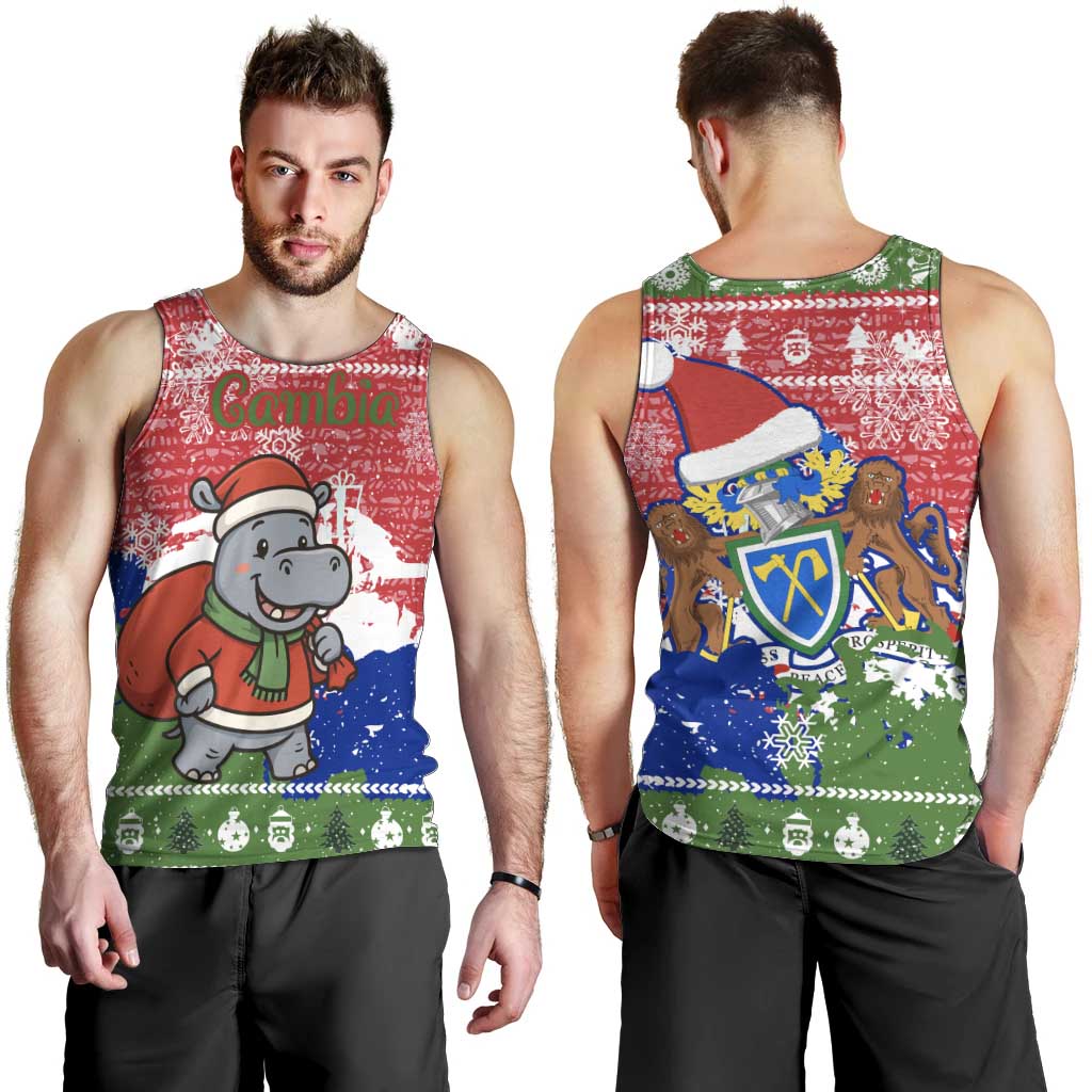 Gambia Christmas Men Tank Top with Santa Hippo National Coat of Arms Snowflakes and Festive Holiday - Wonder Print Shop