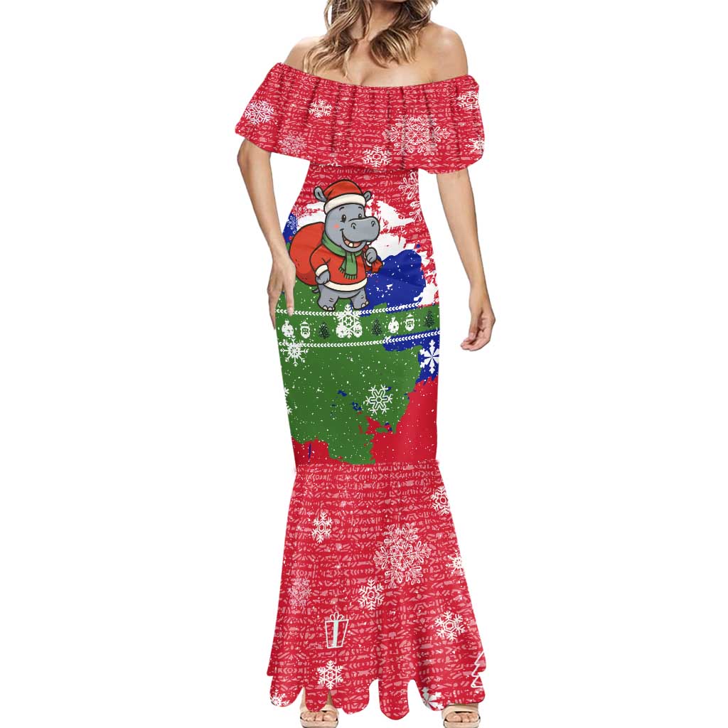 Gambia Christmas Mermaid Dress with Santa Hippo National Coat of Arms Snowflakes and Festive Holiday - Wonder Print Shop