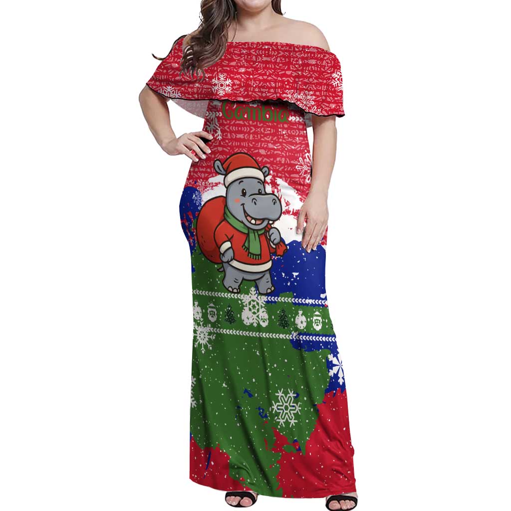 Gambia Christmas Off Shoulder Maxi Dress with Santa Hippo National Coat of Arms Snowflakes and Festive Holiday - Wonder Print Shop