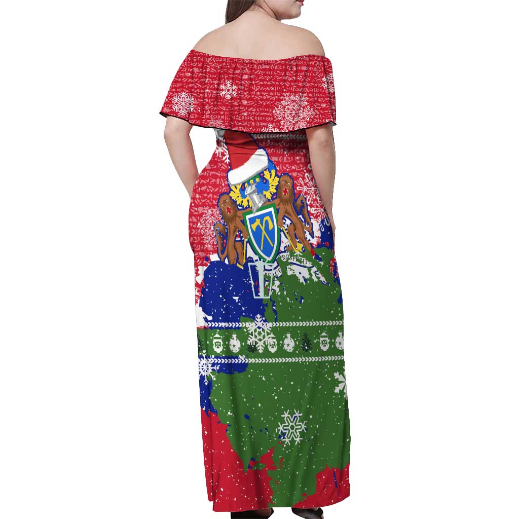 Gambia Christmas Off Shoulder Maxi Dress with Santa Hippo National Coat of Arms Snowflakes and Festive Holiday - Wonder Print Shop