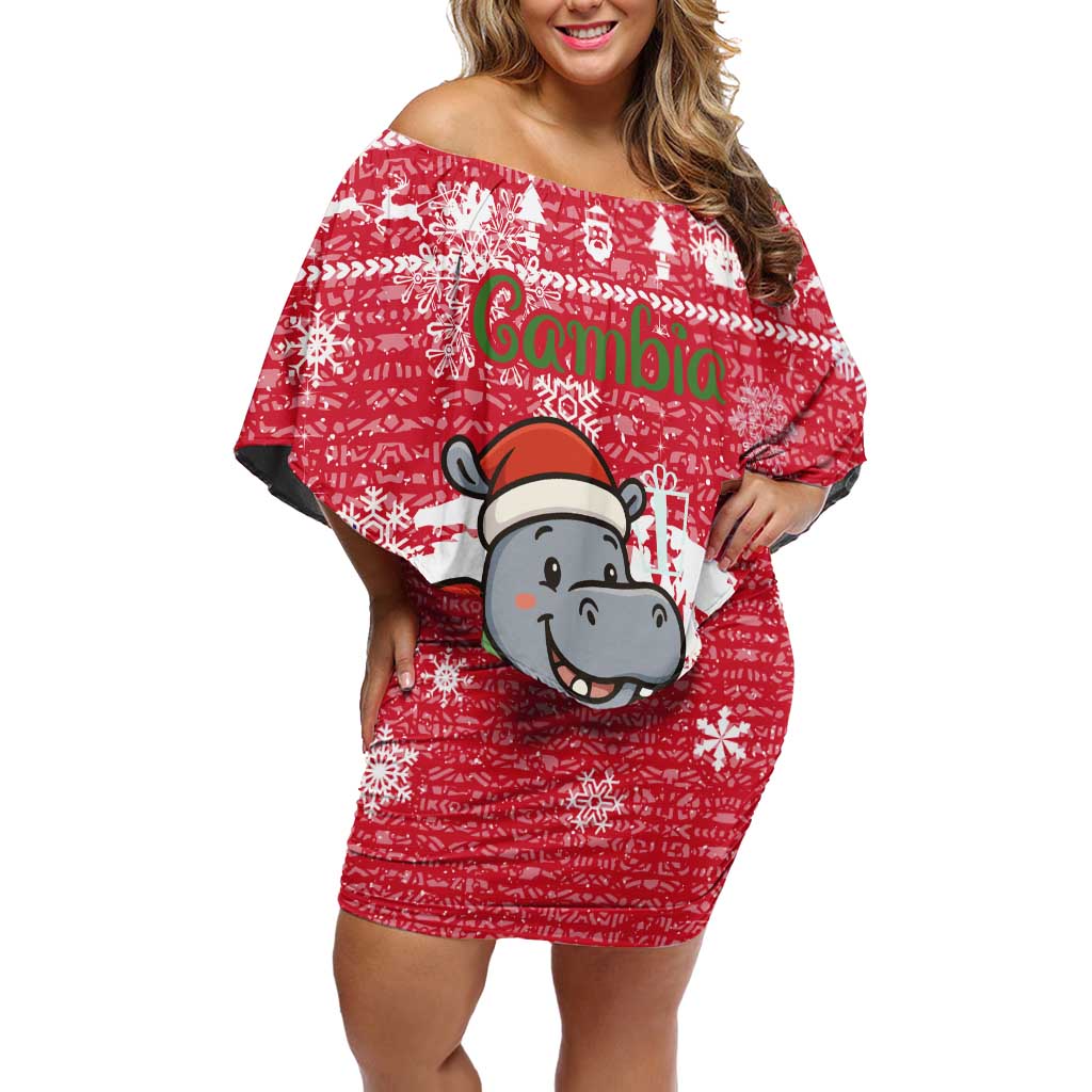 Gambia Christmas Off Shoulder Short Dress with Santa Hippo National Coat of Arms Snowflakes and Festive Holiday - Wonder Print Shop