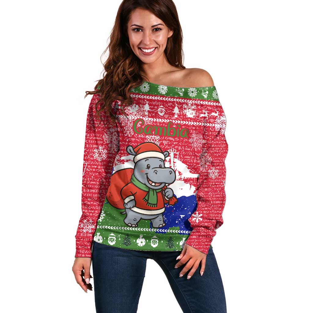 Gambia Christmas Off Shoulder Sweater with Santa Hippo National Coat of Arms Snowflakes and Festive Holiday - Wonder Print Shop