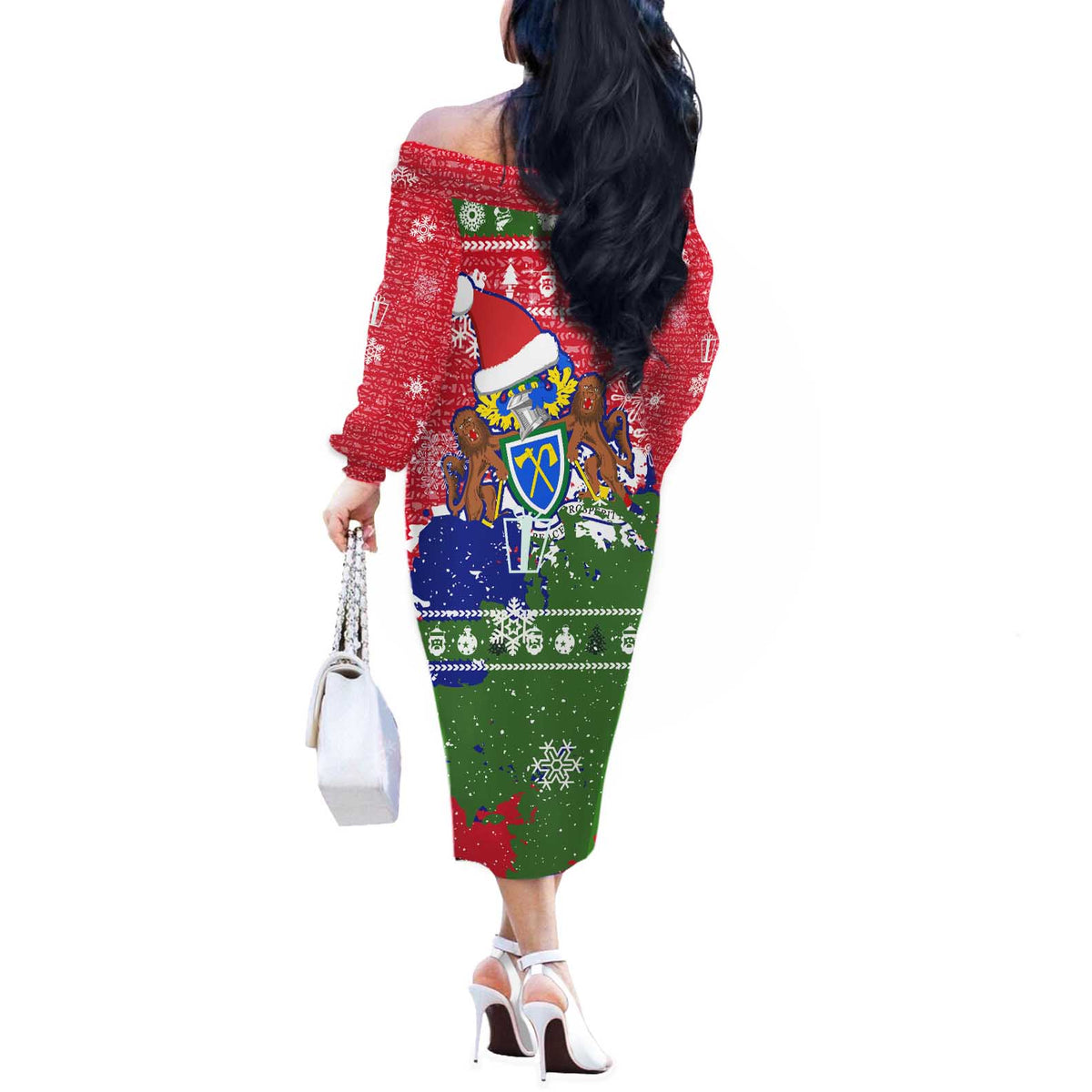 Gambia Christmas Off The Shoulder Long Sleeve Dress with Santa Hippo National Coat of Arms Snowflakes and Festive Holiday - Wonder Print Shop