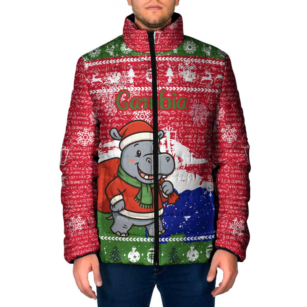 Gambia Christmas Padded Jacket with Santa Hippo National Coat of Arms Snowflakes and Festive Holiday - Wonder Print Shop