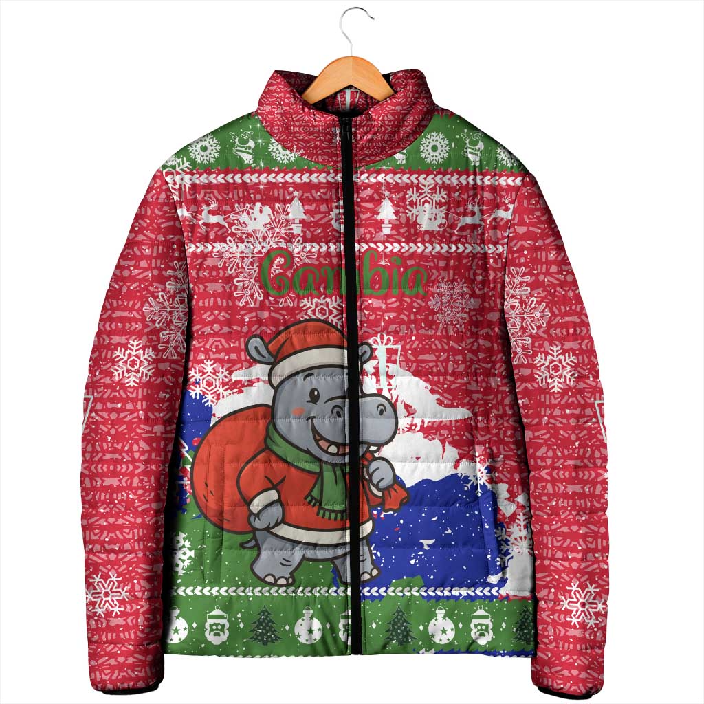 Gambia Christmas Padded Jacket with Santa Hippo National Coat of Arms Snowflakes and Festive Holiday - Wonder Print Shop