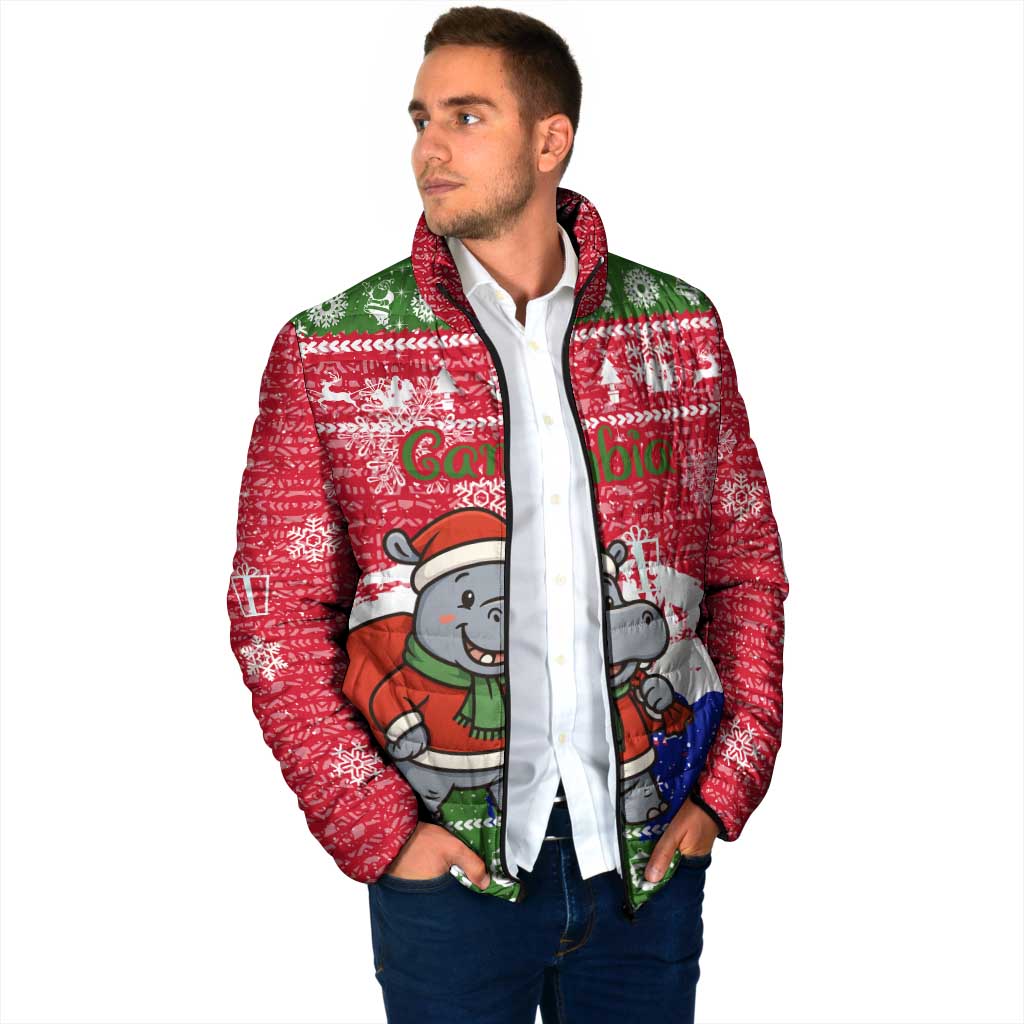 Gambia Christmas Padded Jacket with Santa Hippo National Coat of Arms Snowflakes and Festive Holiday - Wonder Print Shop