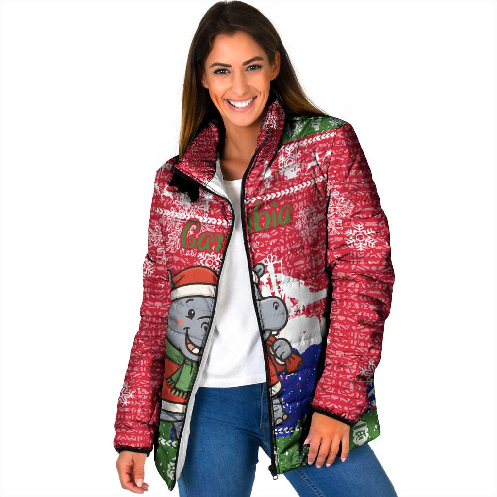 Gambia Christmas Padded Jacket with Santa Hippo National Coat of Arms Snowflakes and Festive Holiday - Wonder Print Shop