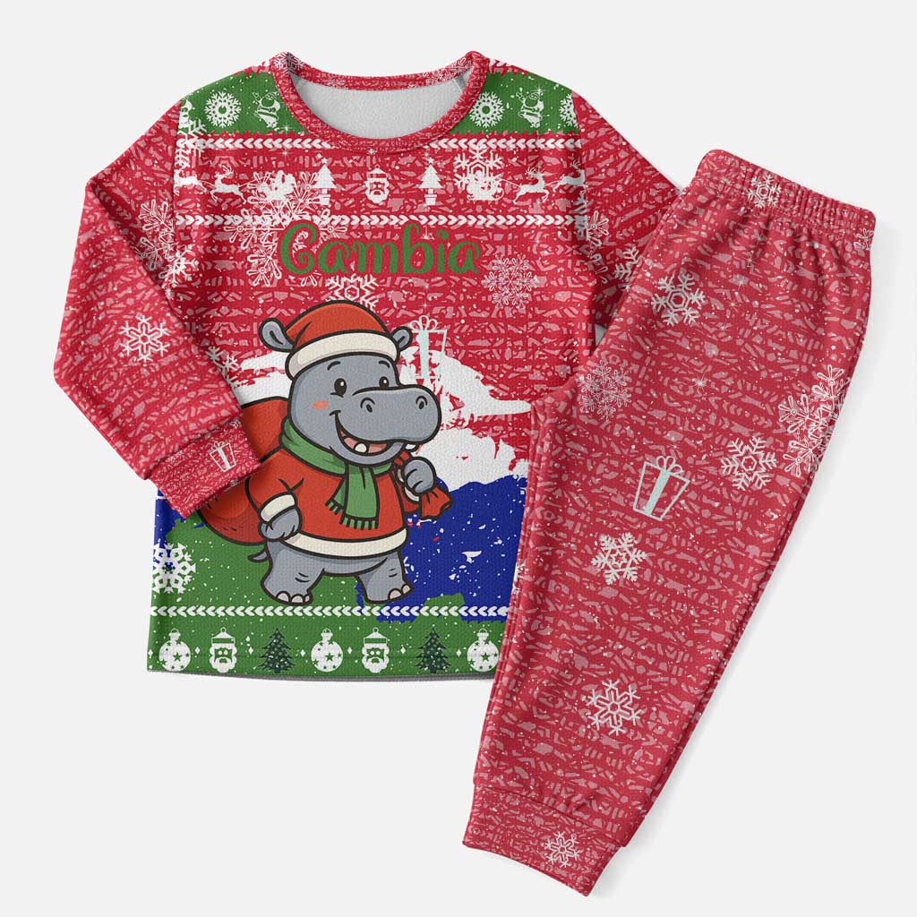 Gambia Christmas Pajama Set with Santa Hippo National Coat of Arms Snowflakes and Festive Holiday - Wonder Print Shop