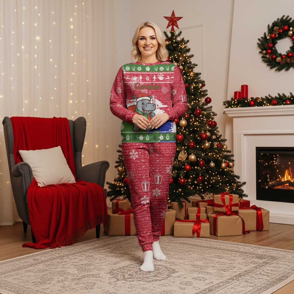 Gambia Christmas Pajama Set with Santa Hippo National Coat of Arms Snowflakes and Festive Holiday - Wonder Print Shop