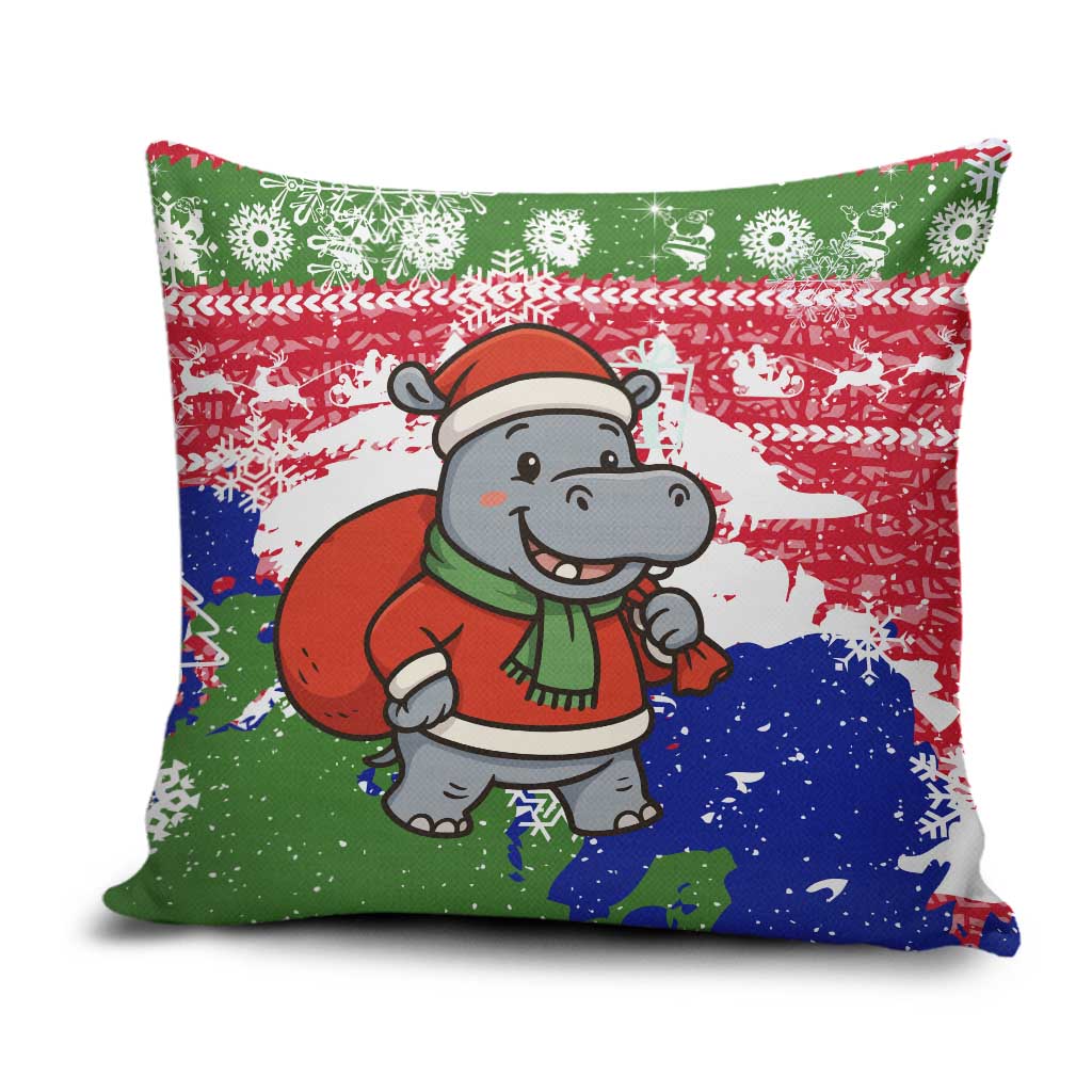 Gambia Christmas Pillow Cover with Santa Hippo National Coat of Arms Snowflakes and Festive Holiday - Wonder Print Shop