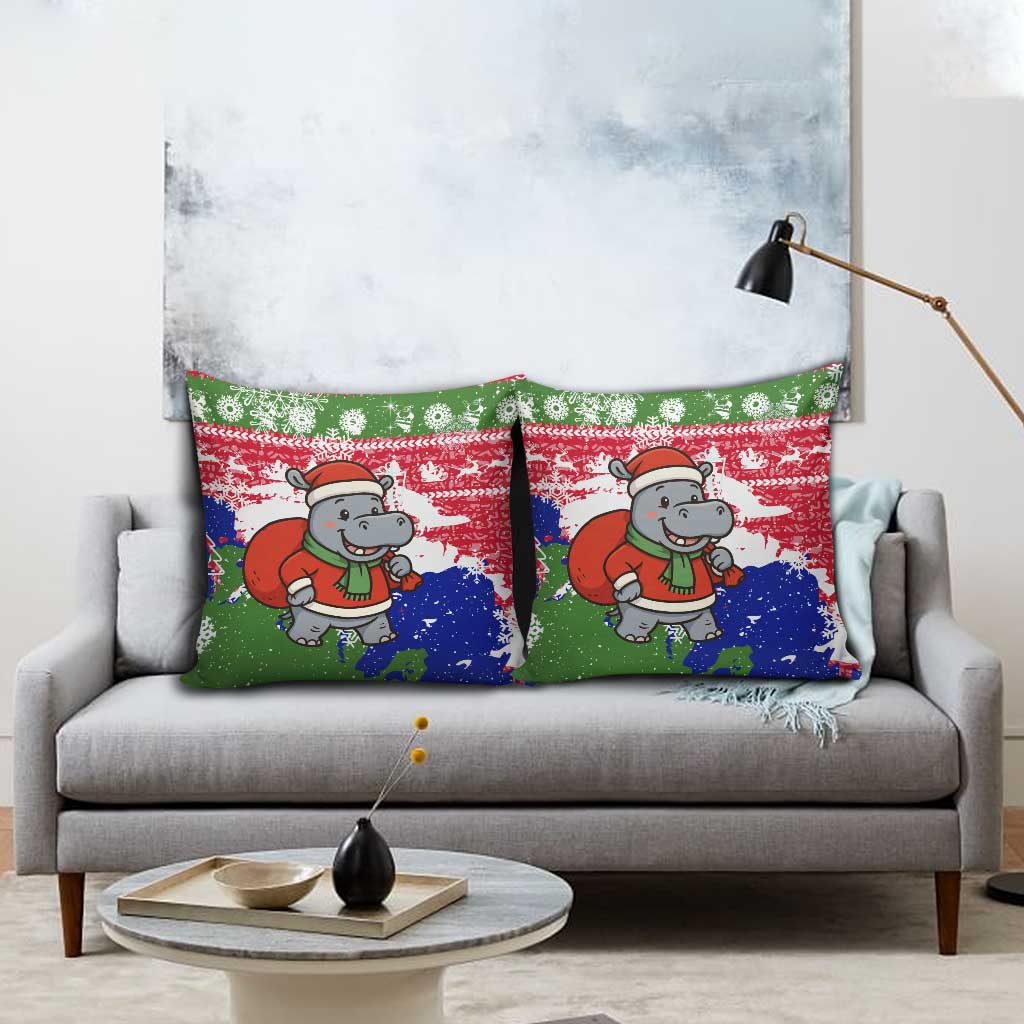 Gambia Christmas Pillow Cover with Santa Hippo National Coat of Arms Snowflakes and Festive Holiday - Wonder Print Shop