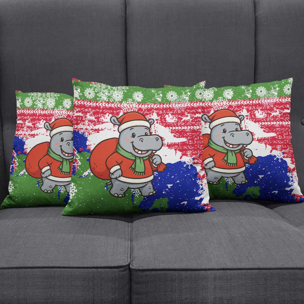 Gambia Christmas Pillow Cover with Santa Hippo National Coat of Arms Snowflakes and Festive Holiday - Wonder Print Shop