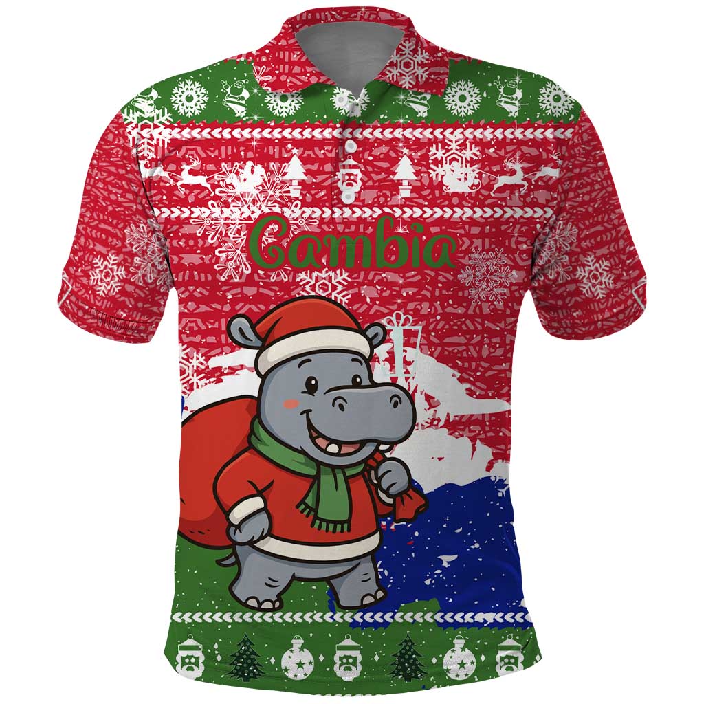 Gambia Christmas Polo Shirt with Santa Hippo National Coat of Arms Snowflakes and Festive Holiday - Wonder Print Shop