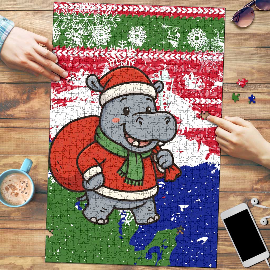 Gambia Christmas Puzzle with Santa Hippo National Coat of Arms Snowflakes and Festive Holiday - Wonder Print Shop