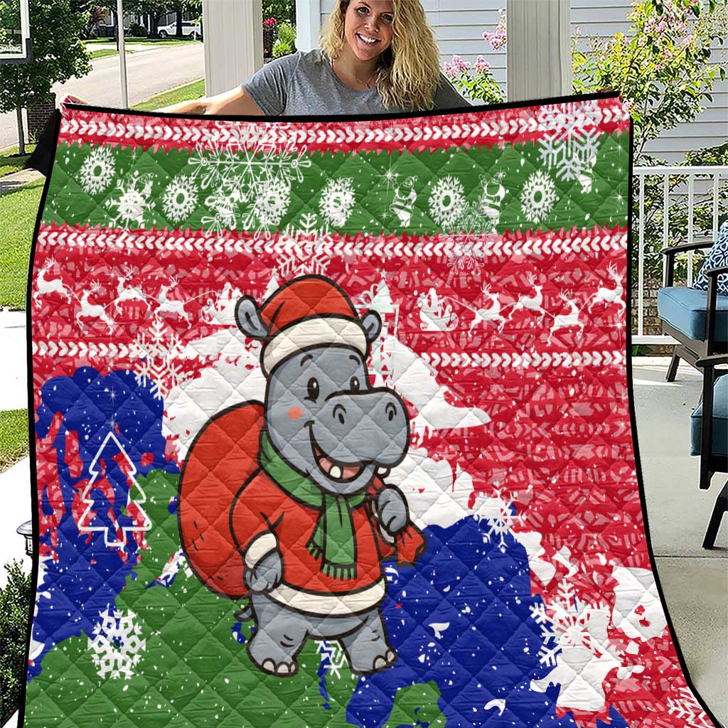 Gambia Christmas Quilt with Santa Hippo National Coat of Arms Snowflakes and Festive Holiday - Wonder Print Shop