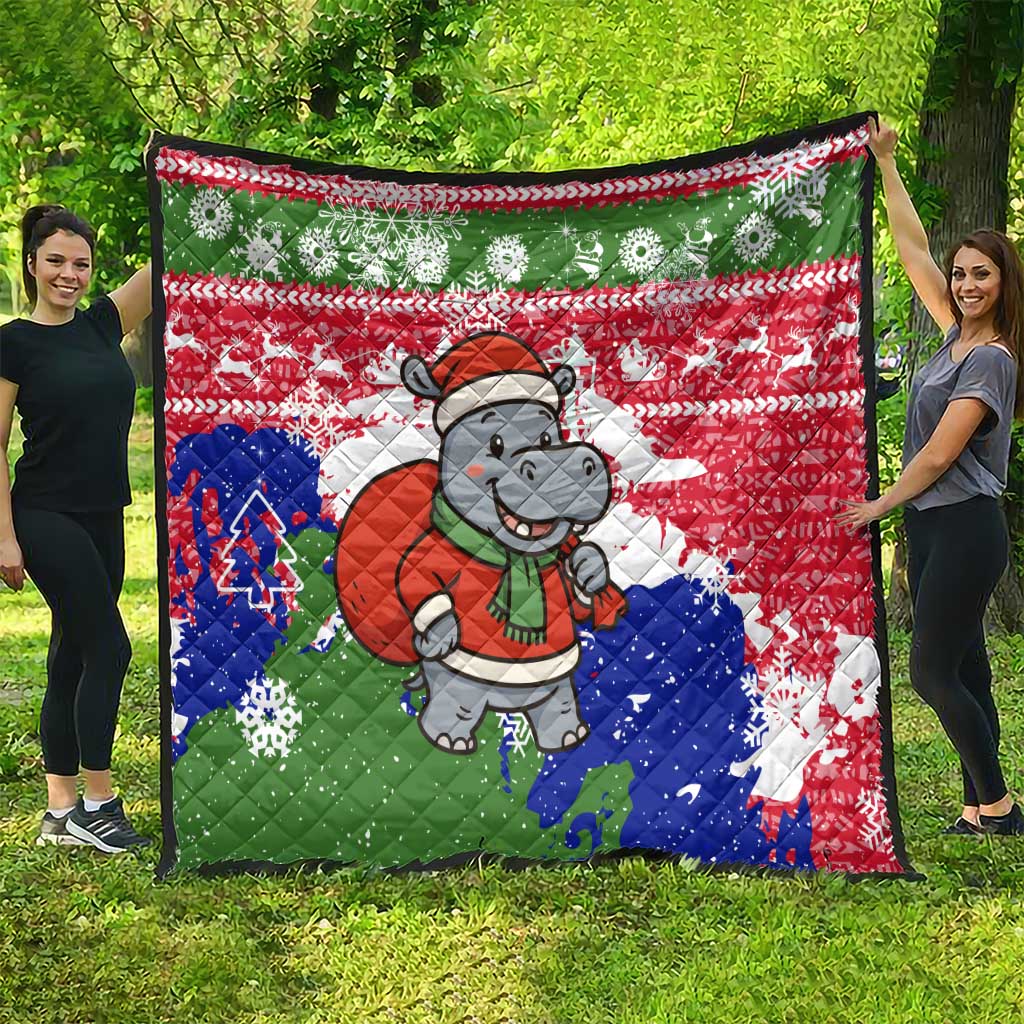 Gambia Christmas Quilt with Santa Hippo National Coat of Arms Snowflakes and Festive Holiday - Wonder Print Shop