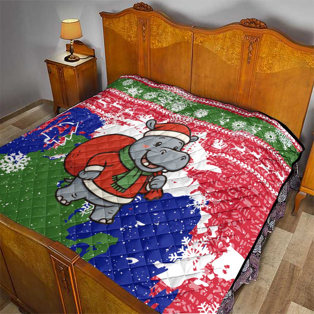 Gambia Christmas Quilt with Santa Hippo National Coat of Arms Snowflakes and Festive Holiday - Wonder Print Shop
