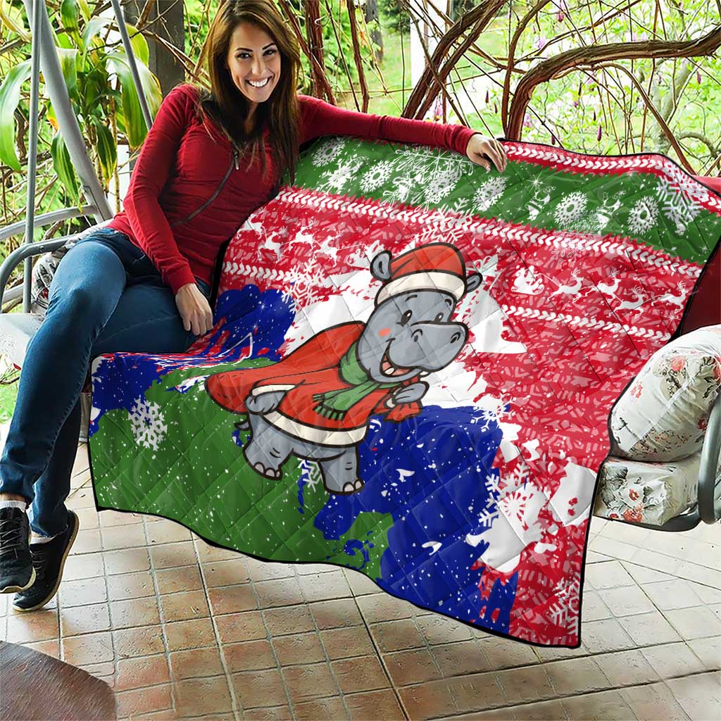 Gambia Christmas Quilt with Santa Hippo National Coat of Arms Snowflakes and Festive Holiday - Wonder Print Shop