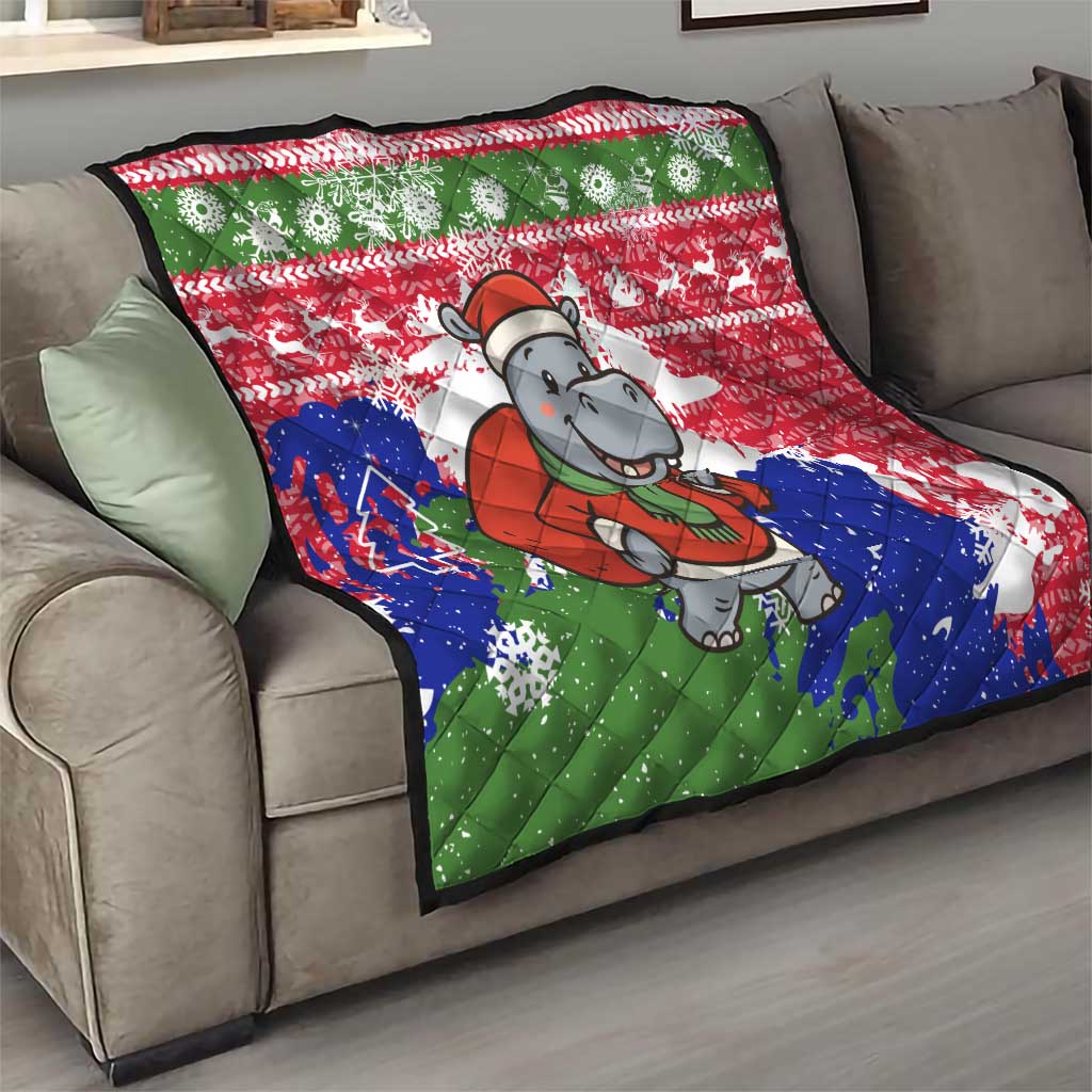 Gambia Christmas Quilt with Santa Hippo National Coat of Arms Snowflakes and Festive Holiday - Wonder Print Shop