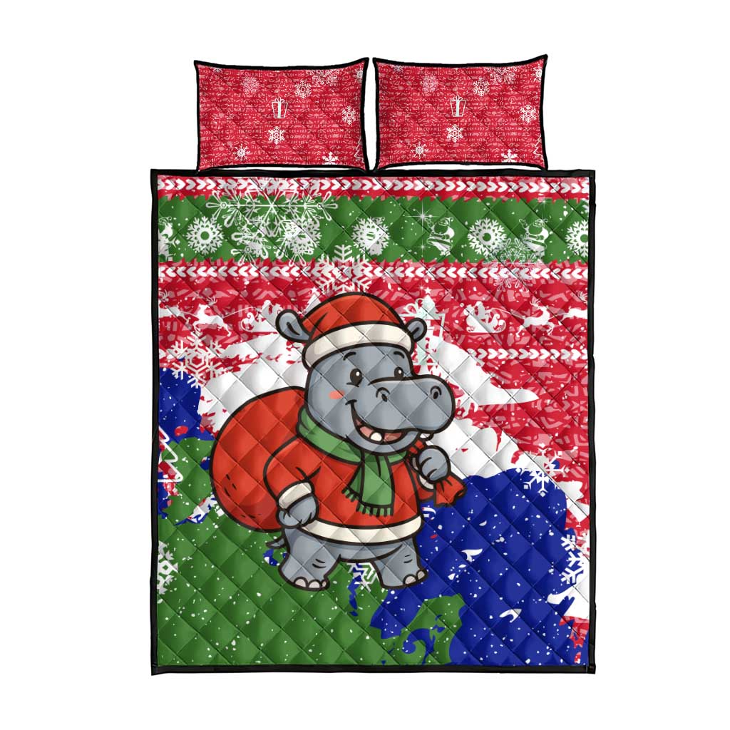 Gambia Christmas Quilt Bed Set with Santa Hippo National Coat of Arms Snowflakes and Festive Holiday - Wonder Print Shop
