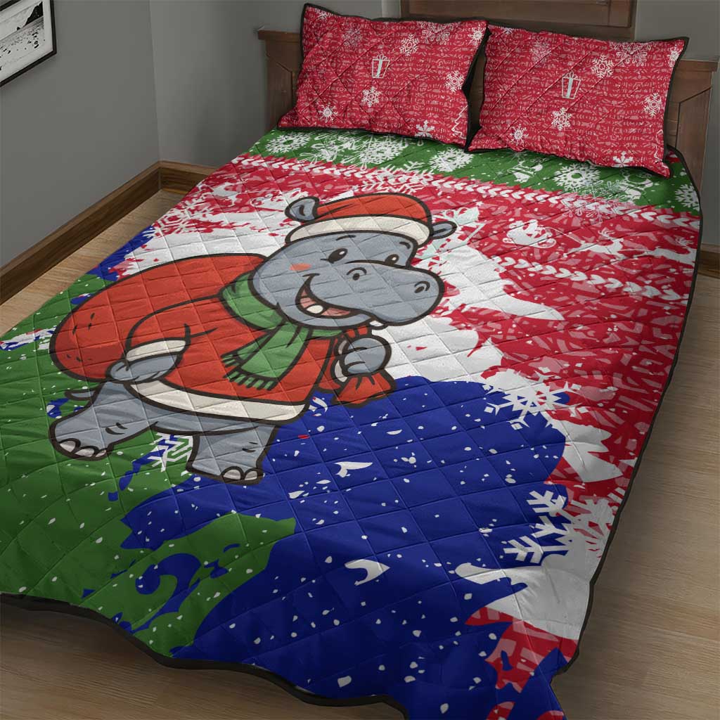 Gambia Christmas Quilt Bed Set with Santa Hippo National Coat of Arms Snowflakes and Festive Holiday - Wonder Print Shop