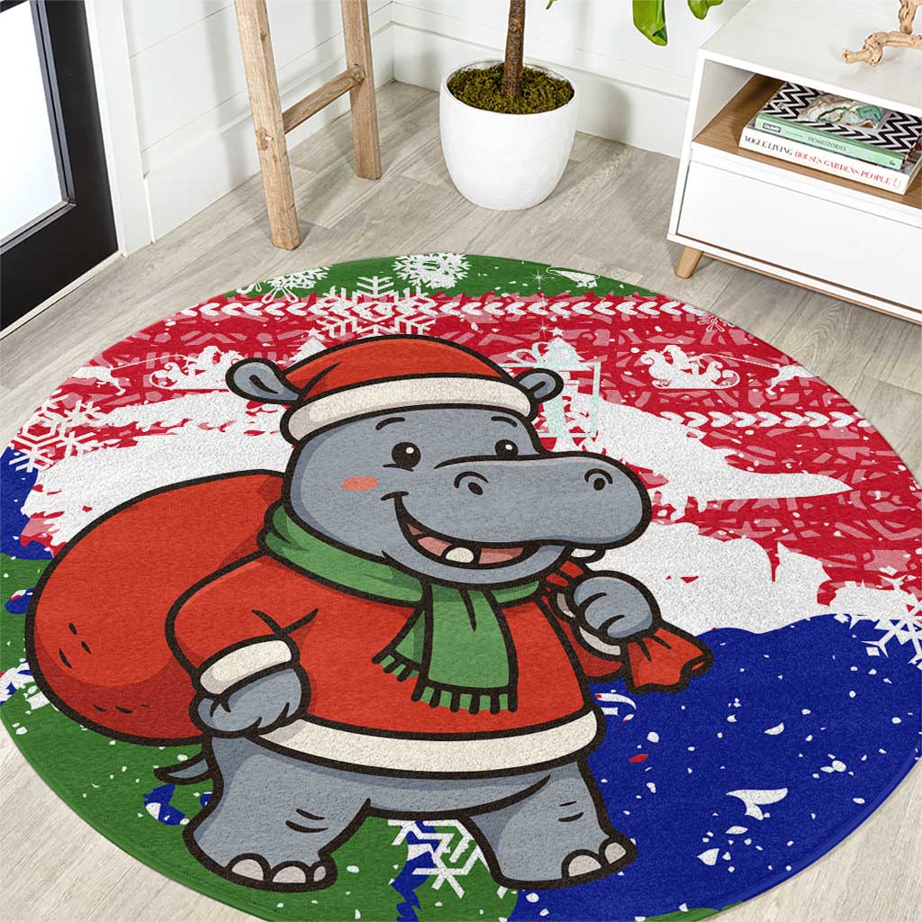 Gambia Christmas Round Carpet with Santa Hippo National Coat of Arms Snowflakes and Festive Holiday - Wonder Print Shop