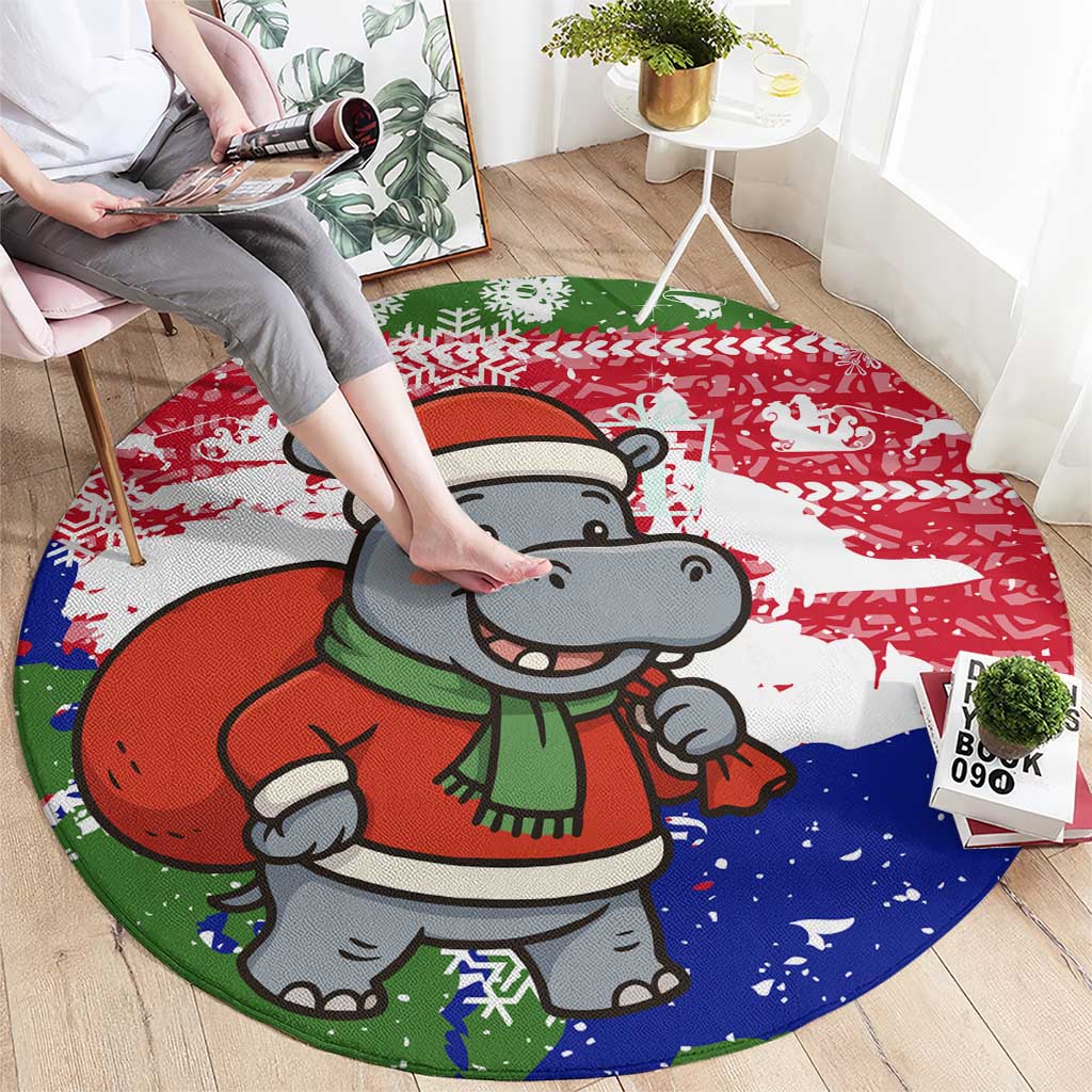 Gambia Christmas Round Carpet with Santa Hippo National Coat of Arms Snowflakes and Festive Holiday - Wonder Print Shop