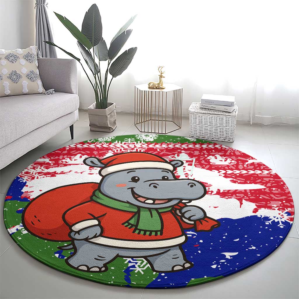 Gambia Christmas Round Carpet with Santa Hippo National Coat of Arms Snowflakes and Festive Holiday - Wonder Print Shop
