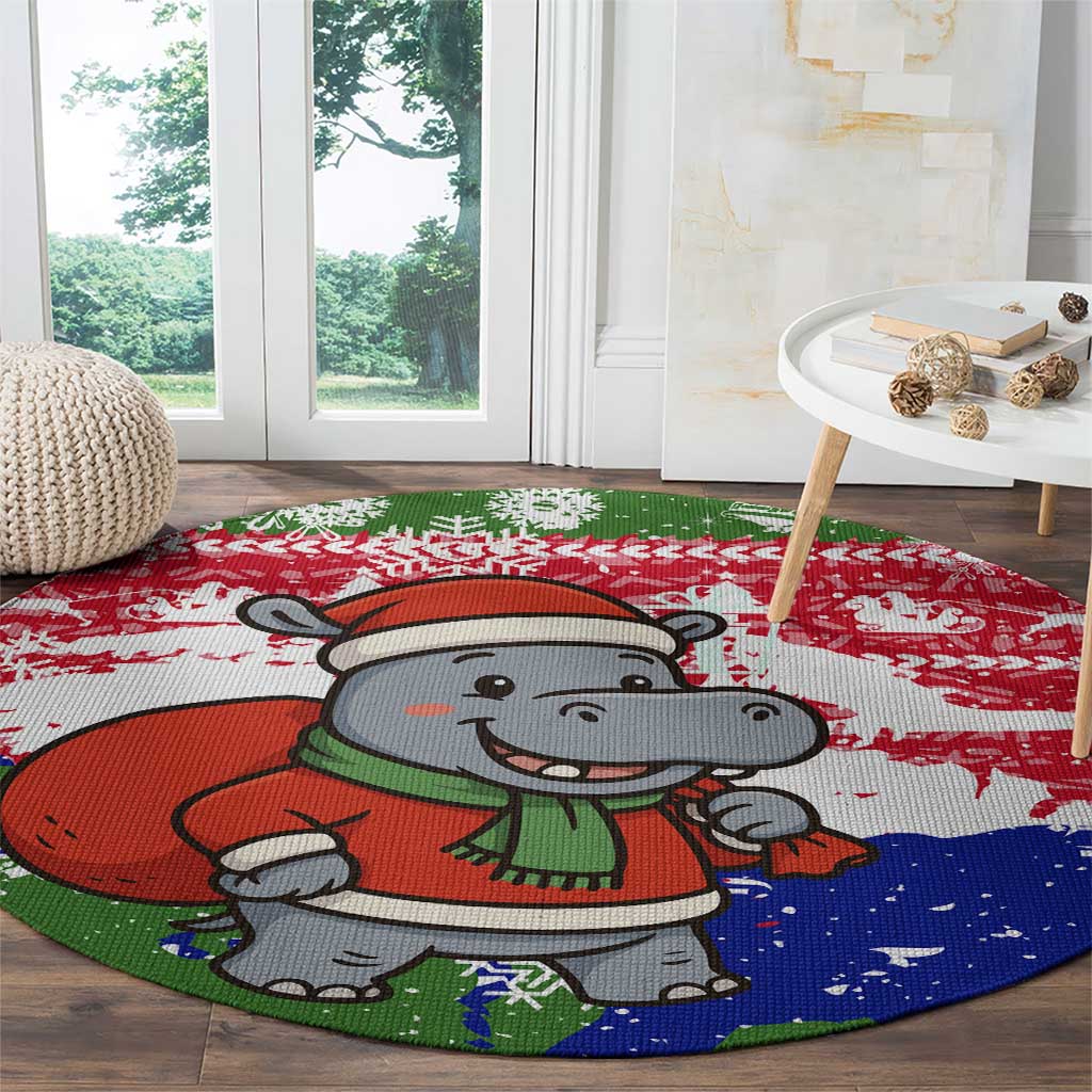 Gambia Christmas Round Carpet with Santa Hippo National Coat of Arms Snowflakes and Festive Holiday - Wonder Print Shop