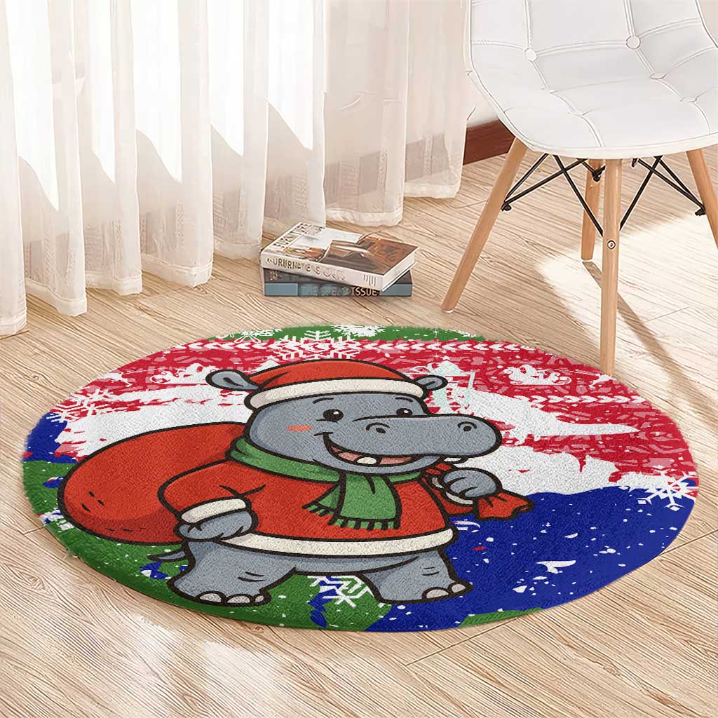 Gambia Christmas Round Carpet with Santa Hippo National Coat of Arms Snowflakes and Festive Holiday - Wonder Print Shop