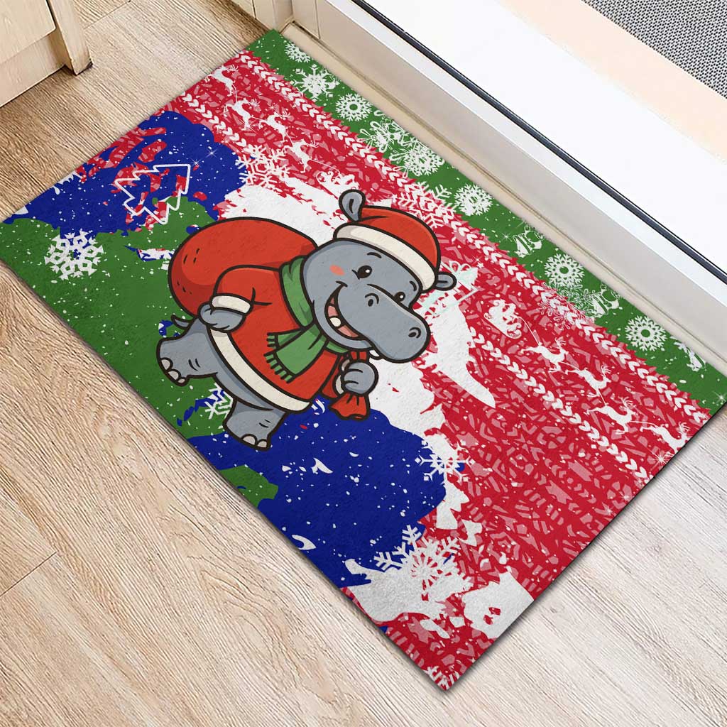 Gambia Christmas Rubber Doormat with Santa Hippo National Coat of Arms Snowflakes and Festive Holiday - Wonder Print Shop