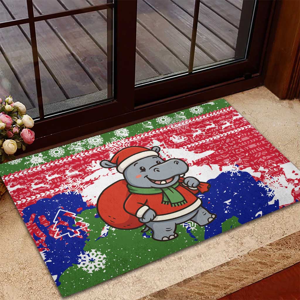 Gambia Christmas Rubber Doormat with Santa Hippo National Coat of Arms Snowflakes and Festive Holiday - Wonder Print Shop
