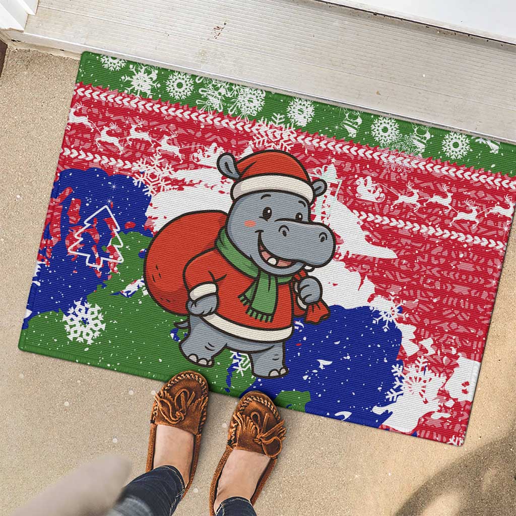 Gambia Christmas Rubber Doormat with Santa Hippo National Coat of Arms Snowflakes and Festive Holiday - Wonder Print Shop