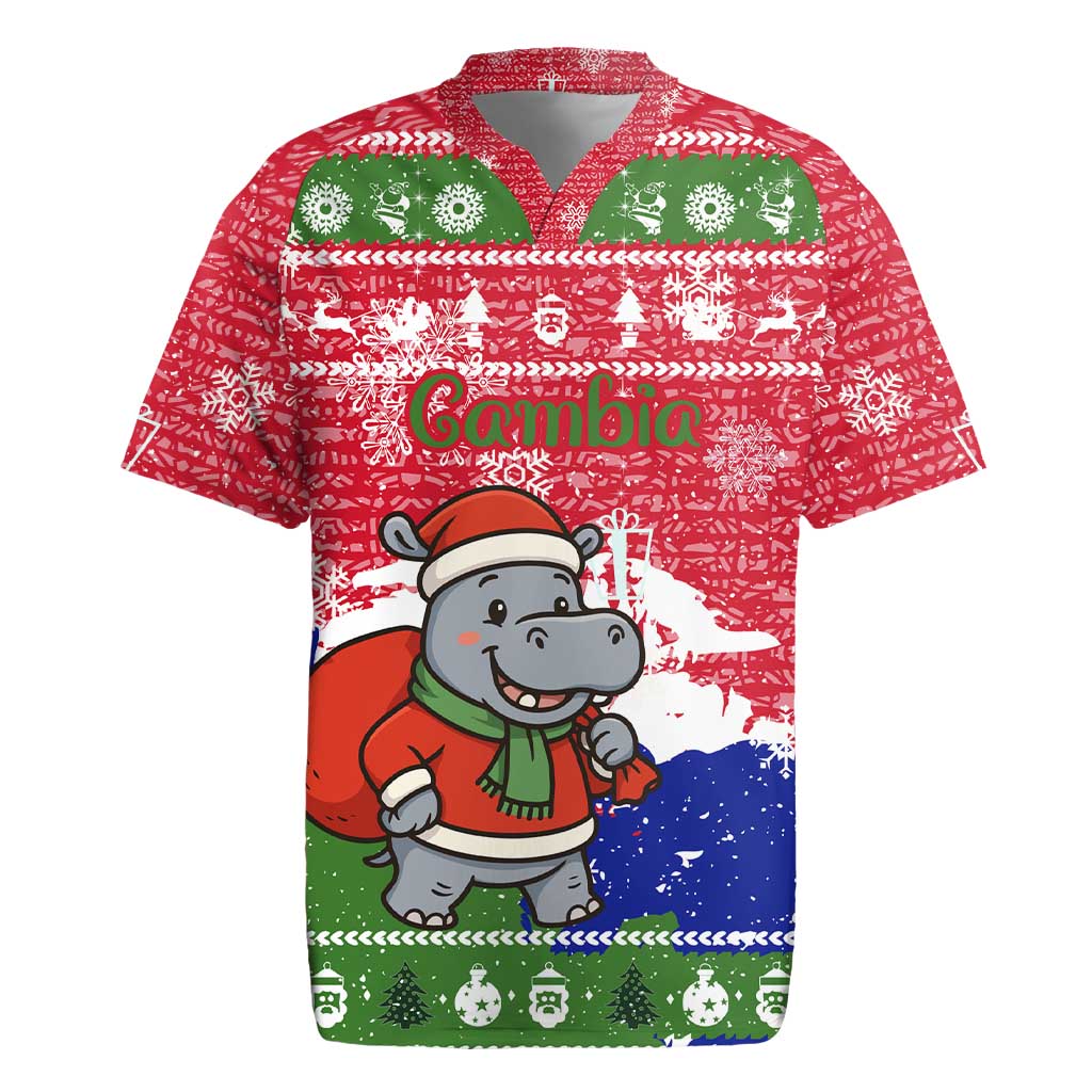 Gambia Christmas Rugby Jersey with Santa Hippo National Coat of Arms Snowflakes and Festive Holiday - Wonder Print Shop