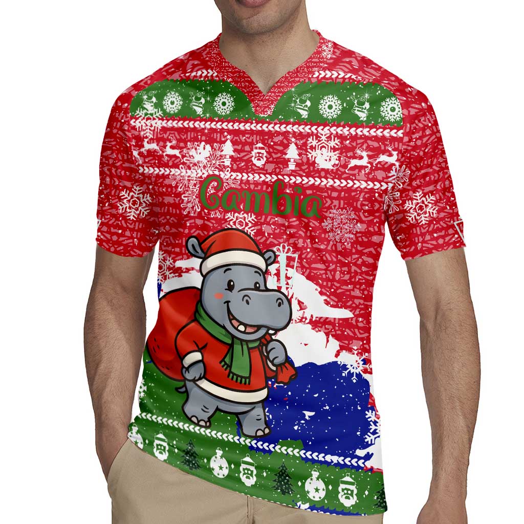 Gambia Christmas Rugby Jersey with Santa Hippo National Coat of Arms Snowflakes and Festive Holiday - Wonder Print Shop