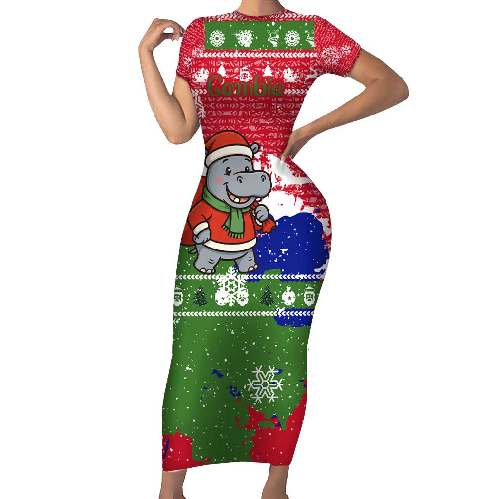 Gambia Christmas Short Sleeve Bodycon Dress with Santa Hippo National Coat of Arms Snowflakes and Festive Holiday - Wonder Print Shop