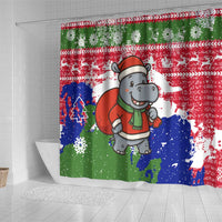 Gambia Christmas Shower Curtain with Santa Hippo National Coat of Arms Snowflakes and Festive Holiday - Wonder Print Shop