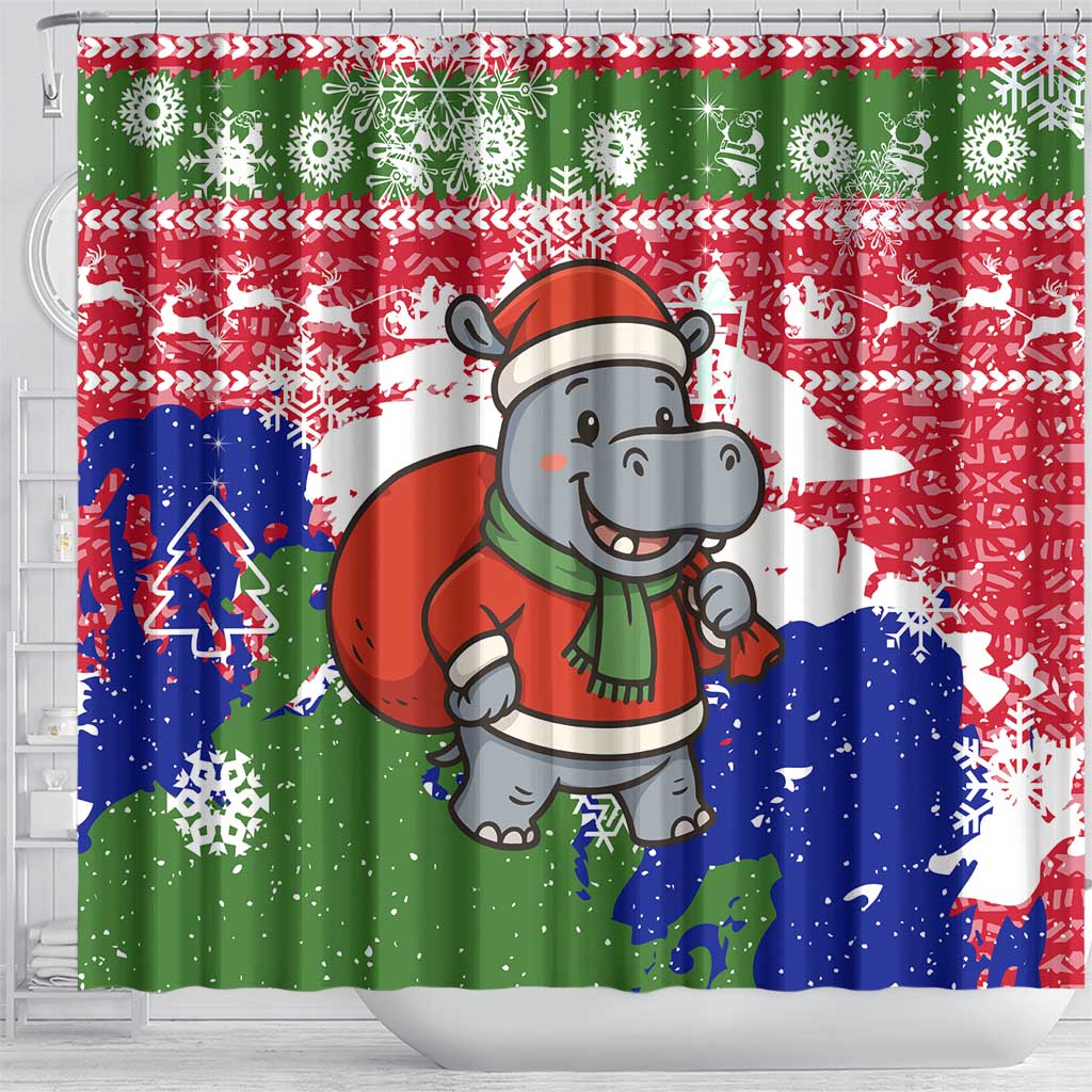 Gambia Christmas Shower Curtain with Santa Hippo National Coat of Arms Snowflakes and Festive Holiday - Wonder Print Shop