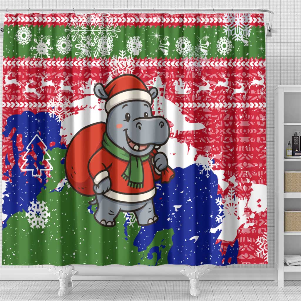 Gambia Christmas Shower Curtain with Santa Hippo National Coat of Arms Snowflakes and Festive Holiday - Wonder Print Shop