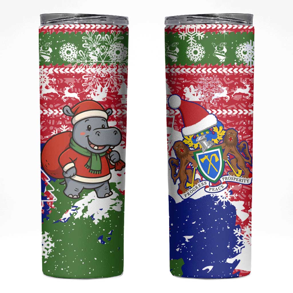 Gambia Christmas Skinny Tumbler with Santa Hippo National Coat of Arms Snowflakes and Festive Holiday - Wonder Print Shop