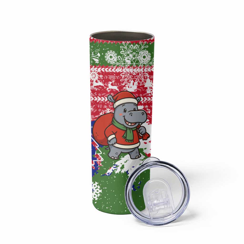 Gambia Christmas Skinny Tumbler with Santa Hippo National Coat of Arms Snowflakes and Festive Holiday - Wonder Print Shop