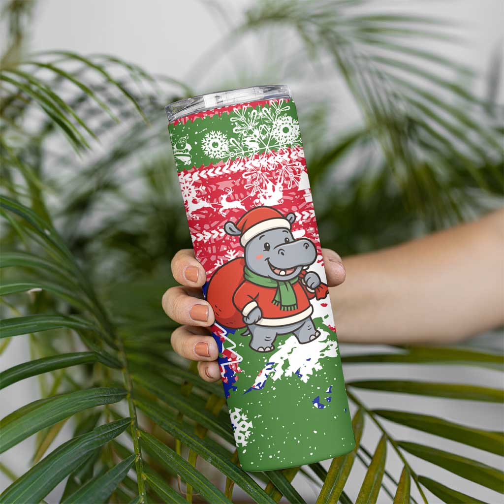 Gambia Christmas Skinny Tumbler with Santa Hippo National Coat of Arms Snowflakes and Festive Holiday - Wonder Print Shop