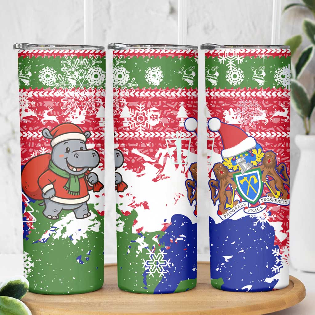Gambia Christmas Skinny Tumbler with Santa Hippo National Coat of Arms Snowflakes and Festive Holiday - Wonder Print Shop